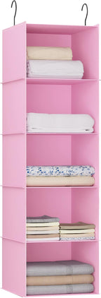 Hanging Closet Organizer, Easy Mount Foldable 5-Shelf Hanging Closet Wardrobe Storage Shelves, Clothes Handbag Shoes Accessories Storage, Washable Oxford Cloth Fabric, Pink