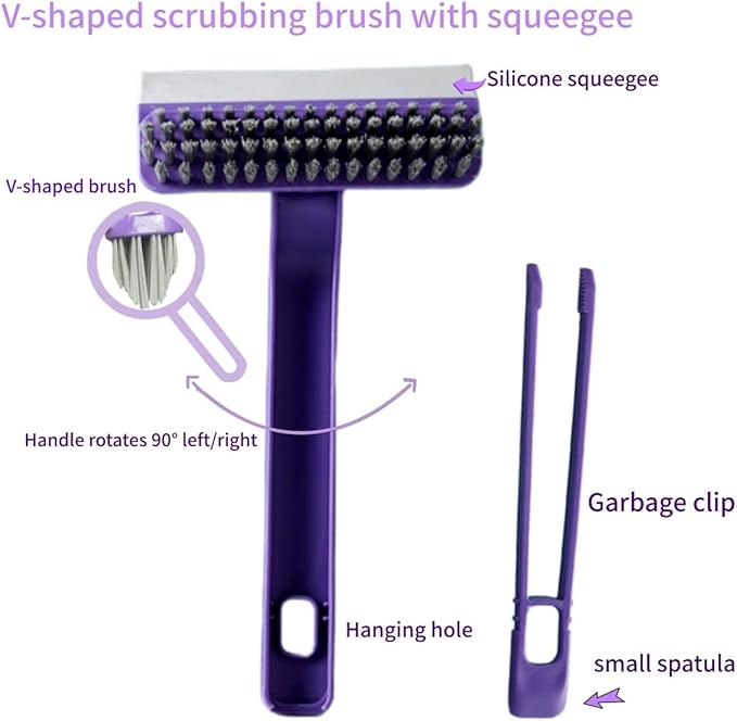 Oiyaku Multi-Purpose Cleaning Brush Stiff-Bristle Kitchen Cleaning Brush with Squeegee, Debris Picker and Scraper, Suitable for Bathroom, Floor and Window, Sink, Bathtub and Tile Grout Cleaning Tools