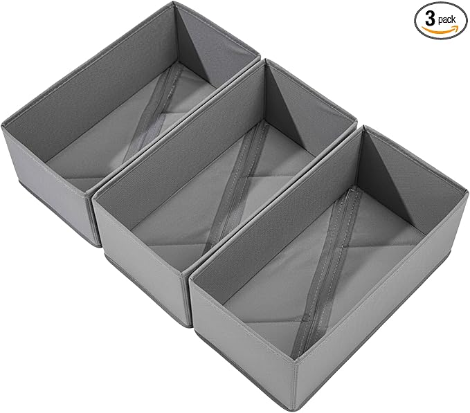 Bructhun Sock Drawer Organizer 3 Pack - Collapsible Fabric Storage Bins for Underwear Divider, Small Closet Organizers with 3 Compartments, Gray