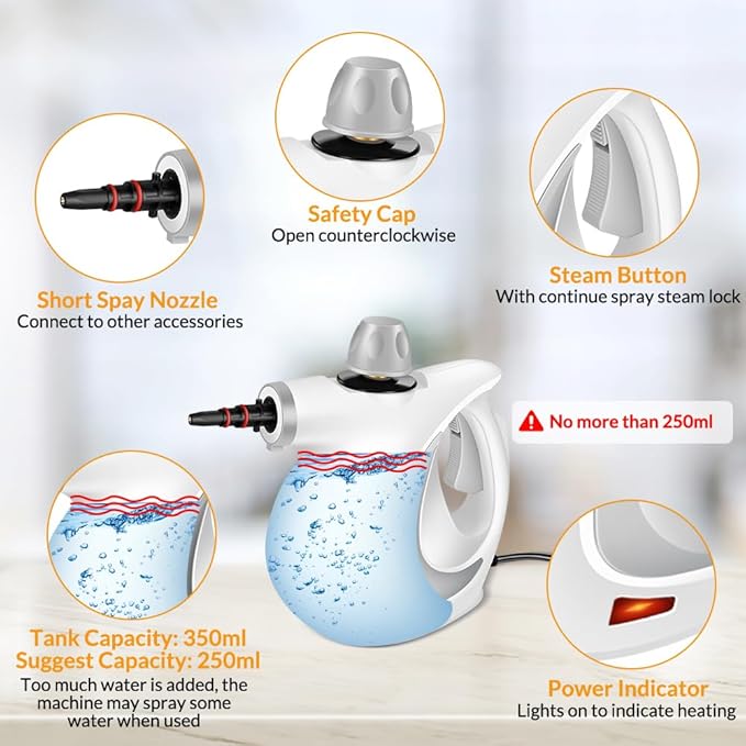 Handheld Pressurized Steam Cleaner with 12 pcs Accessories, Steamer for Cleaning, Steam Cleaner for Home Use, Steamer for Cleaning Car, Furniture, Floor, Upholstery, Grout and Tile, Light Gray