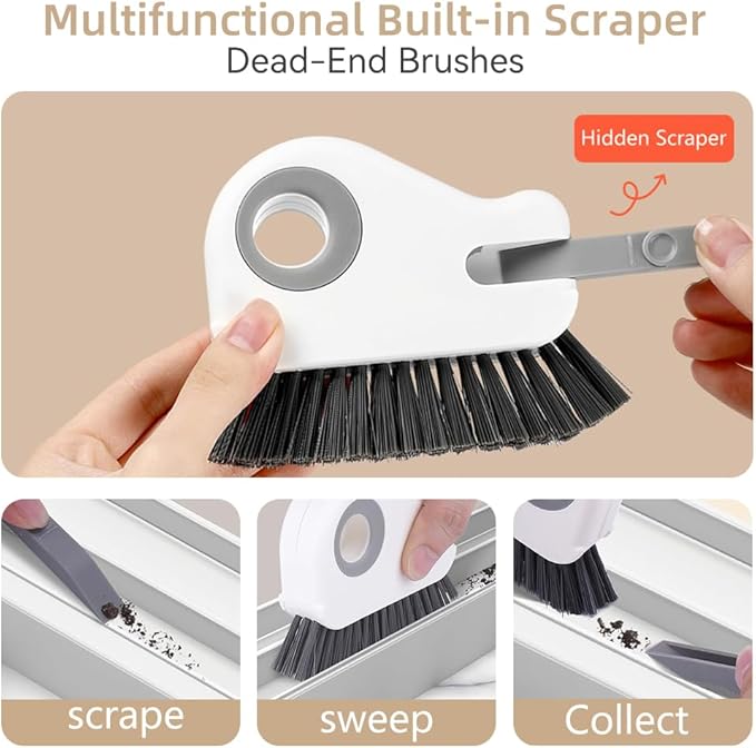 2 in 1 Groove Cleaning Brush, Window Track Cleaning Tools, Multifunction Window Track Cleaner with Hard Bristle and Hidden Scraper, Crevice Brush for Sliding Door Track, Window Seal, Sill (Max)