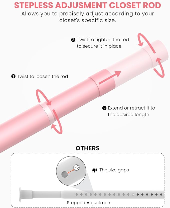 Supforce Closet Rods for Hanging Clothes, 17 to 39 Inches Stepless Adjustable Metal Closet Rod, 1.3 Inches Heavy Duty Clothes Hanging Rod for Closet Wardrobes Laundry RV, Pink