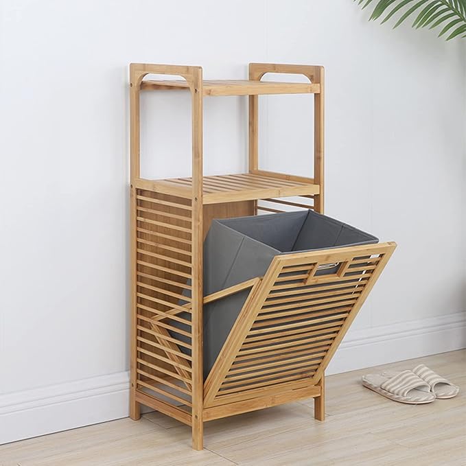 3-Tier Organizer Storage Shelf with Bamboo Frame and Pull Out Fabric Baskets Storage Drawers Unit,Laundry Towel Hamper Cabinet Tower Three Part Compartment Sorter Basket (2-Tier,Style 1)