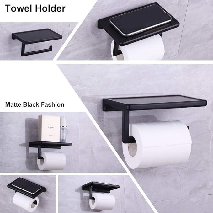 Toilet Paper Holder for Bathroom Solid ZINC Alloy Material and Superior Hotel Style Tissue Roll Holder with Cell Phone Storage Black D500091B