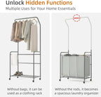 ROMOON Laundry Sorter Hamper with Hanging Bar, 3 Section Rolling Laundry Cart with Clothes Rack & Heavy-Duty Lockable Wheels, Divided Laundry Basket Organizer for Apartment & Small Spaces (130L Grey)