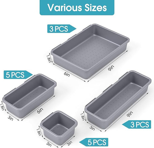 16 PCS Drawer Organizer Set, 4 Size Makeup Drawer Divider Organizer With Non-Slip Pads, Interlocking Plastic Storage Bins for Office,Jewelry Vanity,Gadgets, Bathroom,Kitchen, Grey