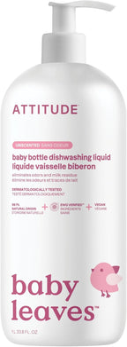 ATTITUDE Baby Bottle & Dish Soap, EWG Verified Bottle Cleaner, Fragrance Free & Dye Free, Removes Milk Residue & Grease, Vegan, Unscented, 33.8 Fl Oz