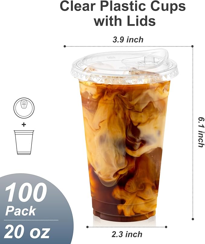 100 Pack - 20 oz Clear Plastic Cups with Lids, Sturdy & Food Safe Iced Coffee Cups with lids, Disposable Plastic Smoothie Cups for Cold Drinks, Sip Lids