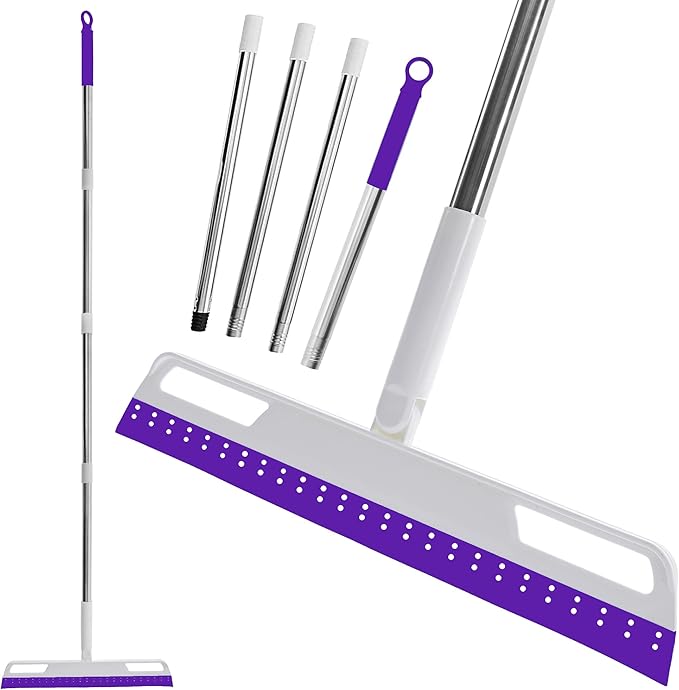 Magic Broom Multifunction Silicone Floor Squeegee, Air Broom for Floor with 56" Long Handle, 4-in-1 Rubber Sweeper for Dirt, Liquids, Pet Hair, Tile Hardwood Floors, Carpet, Living Room (Purple)