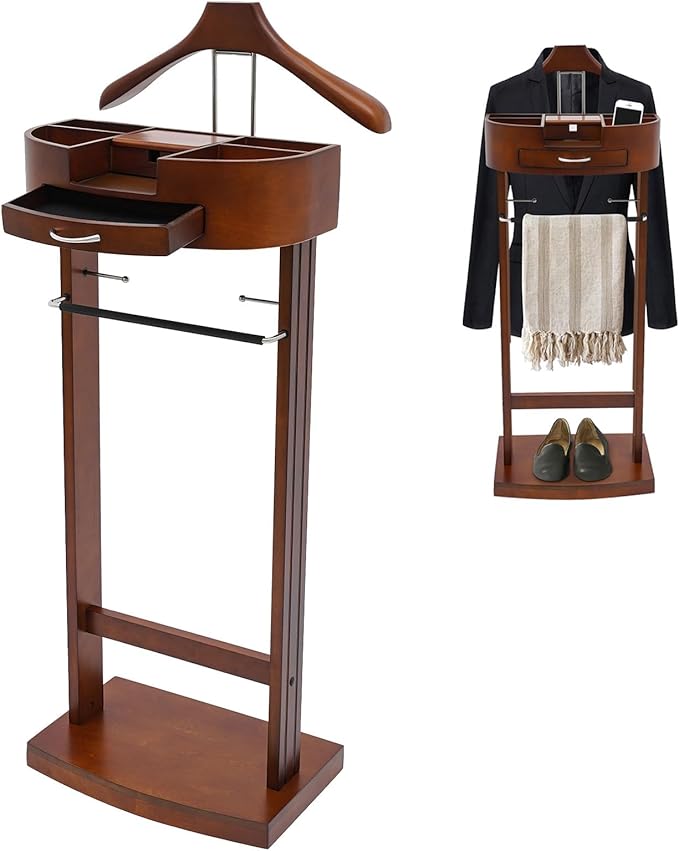 Wood Men Valet Stand with Drawer, Standing Suit Valet Stand, Clothes Organizer Rack for Home Entryway Living Room Bedroom Office, 22lbs Load Capacity(Brown)