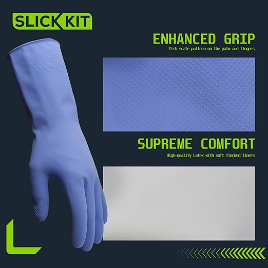 Rubber Kitchen Cleaning Gloves, Reusable Dishwashing Gloves, Non-Slip, with Flocked Liner, 3 Pairs (Pink+Yellow+Blue) (Large)