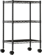 DUMOS Industrial 3 Level Grid Storage Rack ，Mobile Metallic Shelving System with Lockable Wheels， Multi-Purpose Cabinet for Workshop, Culinary Space, Storeroom, Washroom & Restroom Black