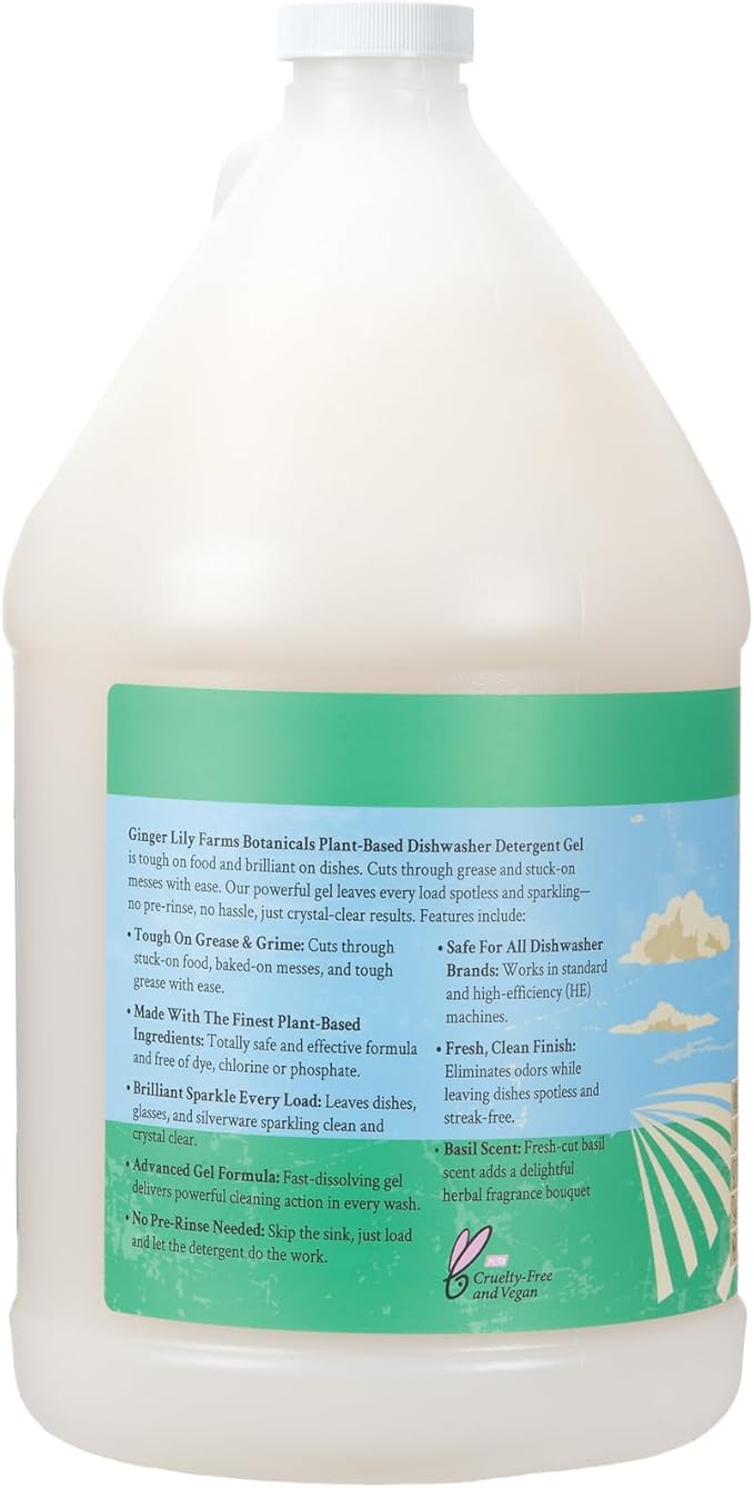 Ginger Lily Farms Botanicals Plant-Based Dishwasher Detergent Gel, 100% Vegan & Cruelty-Free, Basil Scent, 1 Gallon (128 Fl Oz) Refill