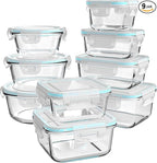 AILTEC Glass Food Storage Containers with Lids, [18 Piece] Glass Meal Prep Containers, Containers for Food Storage with Lids, BPA Free & Leak Proof (9 Lid & 9 Container)