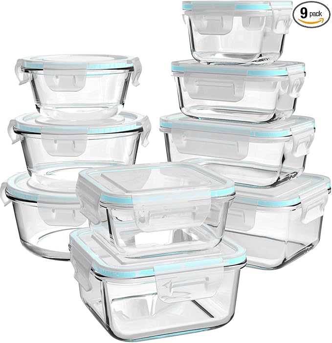 AILTEC Glass Food Storage Containers with Lids, [18 Piece] Glass Meal Prep Containers, Containers for Food Storage with Lids, BPA Free & Leak Proof (9 Lid & 9 Container)