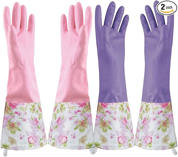 KINGFINGER 2 Pairs Latex-Free Reusable Dishwashing Gloves,PVC Waterproof Long Cuff and Flock Lining Household Cleaning Gloves,for Kitchen & Bathroom Cleaning, Large