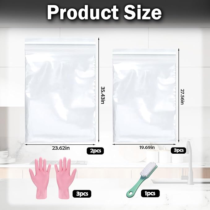Mity Rain 5 Packs Oven Rack Cleaning Bag Kit, Reusable No-Scrub Oven Rack Cleaning Bags, Includes three gloves and one brush (three 19.69*27.56inch and two 23.62 x 35.43 inch) leak-resistant PE bags