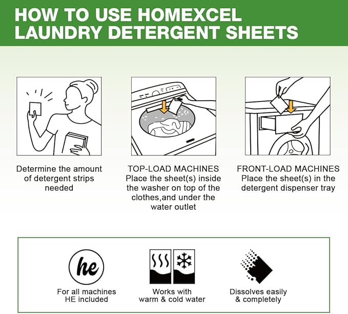 HOMEXCEL Laundry Detergent Sheets Fresh Scent Eco-Friendly, (200 Loads) 100 Washer Sheets, Plastic-Free, Liquid Less Clear Strips for Travel, Home Clothes Washing