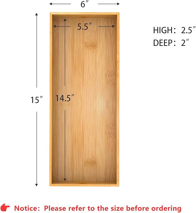 Bathroom Vanity Tray Organizer Bamboo, Small Wood Tray for Counter Kicthen Drawer, Rectangular Toilet Paper Storage Basket Box, Guest Sink Tray Decor, Bathroom Accessories 15" x 6" x 2.5"