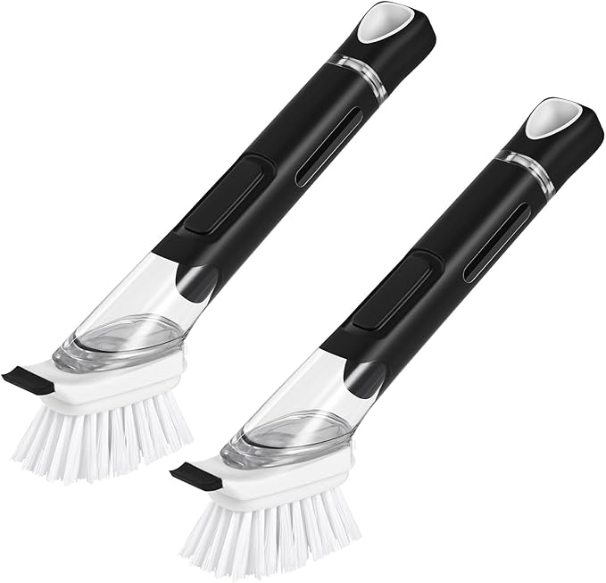 SUBEKYU Dish Brushes with Soap Dispenser, Kitchen Dish Scrubber Brushes with Handle, Dishwashing Cleaning Scrubbers for Dishes/Pans/Pots, Black, 2Pack