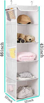 BrilliantJo 5 Shelves Hanging Closet Organizer, 2 Pack Hanging Storage with 6 Side Pockets for Clothes Shoes, 43"x12"x12"(Strip)