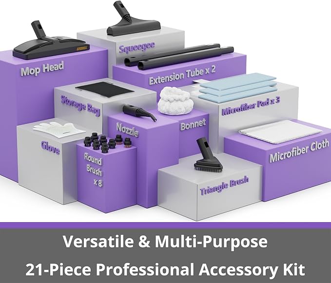 Canister Steam Cleaner: 50-Sec Heat-Up, 0.6 Gal Tank Refill Anytime (Non-Pressurized), 1650W, 60 PSI, 21-Pcs Kit, Dry/Wet Modes, Detachable Hose for Tile Grout Furniture Floor Car Cleaning Gray