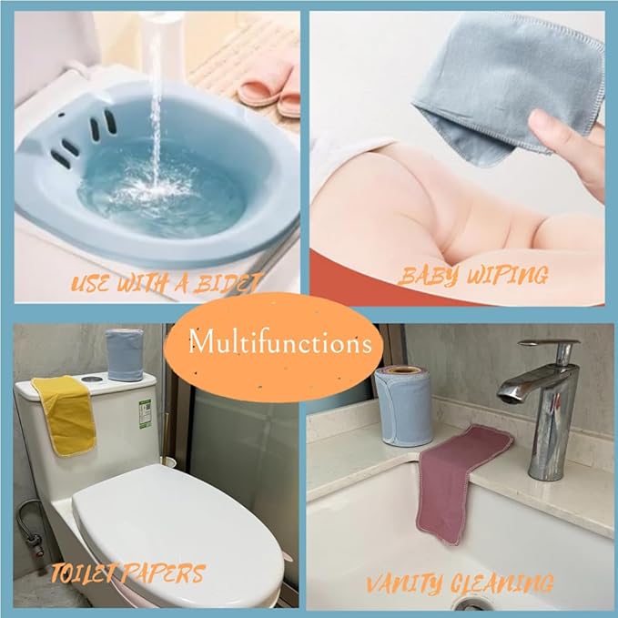 Reusable Toilet Paper Towels 24 Count Roll,Washable Absorbent No Tear Bidet Towels Cotton Cloth,Zero Waste Cleaning Supplies for Bathroom (Solid 4 Colors B)