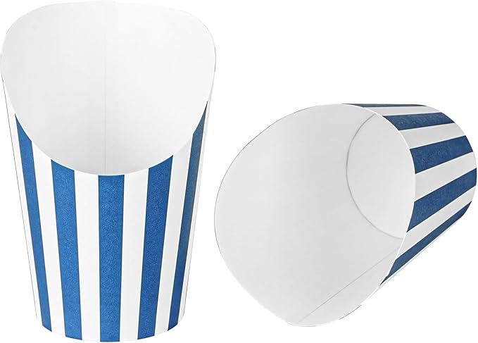 Restaurantware Bio Tek 12 Ounce French Fry Containers 100 Disposable Charcuterie Cups - Incline Design Round Striped Paper French Fry Cups Stackable For Waffles Chips or Popcorn