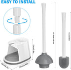 Toilet Plunger and Brush Set, Bowl Brush and Heavy Duty Toilet Plunger with Ventilated Holder, 2-in-1 Toilet Brush and Plunger Combo for 5.3-inch Toilet Drain Bathroom Deeply Cleaning(White & Grey)