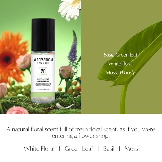 W.Dressroom No.20 Flower Shop Living Clear Perfume, Body Mist & Fabric Spray Deodorizer, Alcohol-Free Water-Based, Odor Neutralizer for Clothes, Bedding & Room, Travel Size 2.36 oz
