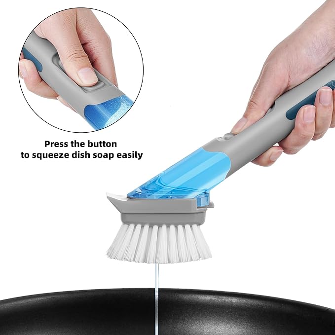 SUBEKYU Dish Brushes with Soap Dispenser, Kitchen Dish Scrubber Brushes with Handle, Dishwashing Cleaning Scrubbers for Dishes/Pans/Pots, Grey 2Pack