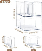 Clear Plastic Storage Bins with Dividers for Kitchen Pantry Organization, 3 Pack Thicken Stackable Storage Drawer Boxes for Refrigerator Cabinets Vanity Organizers and Storage, C6-1