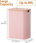 Lifewit 80L Laundry Basket with Lid, Clothes Hampers for Laundry with Bamboo Handles and 1 Removable Bag, Large Foldable Laundry Hamper for Bedroom, Bathroom, Dorm, Laundry Room, Pink
