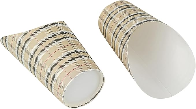 Restaurantware Bio Tek 16 Ounce French Fry Containers, 100 Disposable Charcuterie Cups - Incline Design, Round, Plaid Paper French Fry Cups, Stackable, For Waffles, Chips, or Popcorn