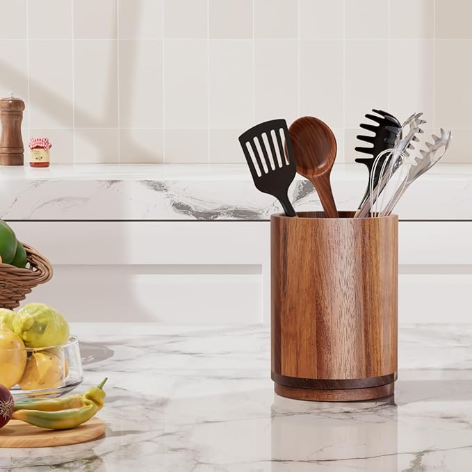 Utensil Holder, Acacia Wood Kitchen Utensil Holder for Countertop, 360°Rotating Cooking Utensil Crock for Kitchen Counter, 7.2" Large Utensil Organizer for Spatula