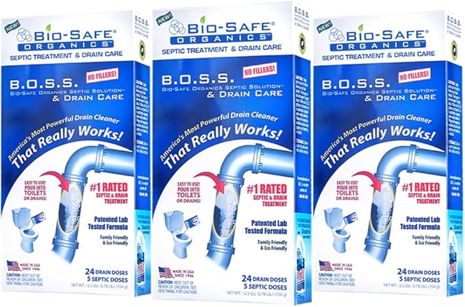 B.O.S.S.- Bio-Safe Organics Septic Solution & Drain Care 12.5 oz Powder - Patented Bacteria Enzyme Exxon Valdez Septic Tank Maintenance & Drain Care Formula, All Septic Tank Systems & Drains - 3 pack