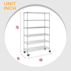 FDW 48 inch L×18 inch W×76 inch H Wire Shelving Unit Metal Shelf with 6 Tier Casters Adjustable Layer Rack Strong Steel for Restaurant Garage Pantry Kitchen Garage, Chrome