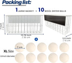 10 XL Wool Dryer Balls Laundry Reusable from New Zealand Wool & Magnetic Dryer Ball Holder - Laundry Wool Dryer Balls Storage Containers: Easy Install Without Tools, Magnetic Basket for Dryer Balls
