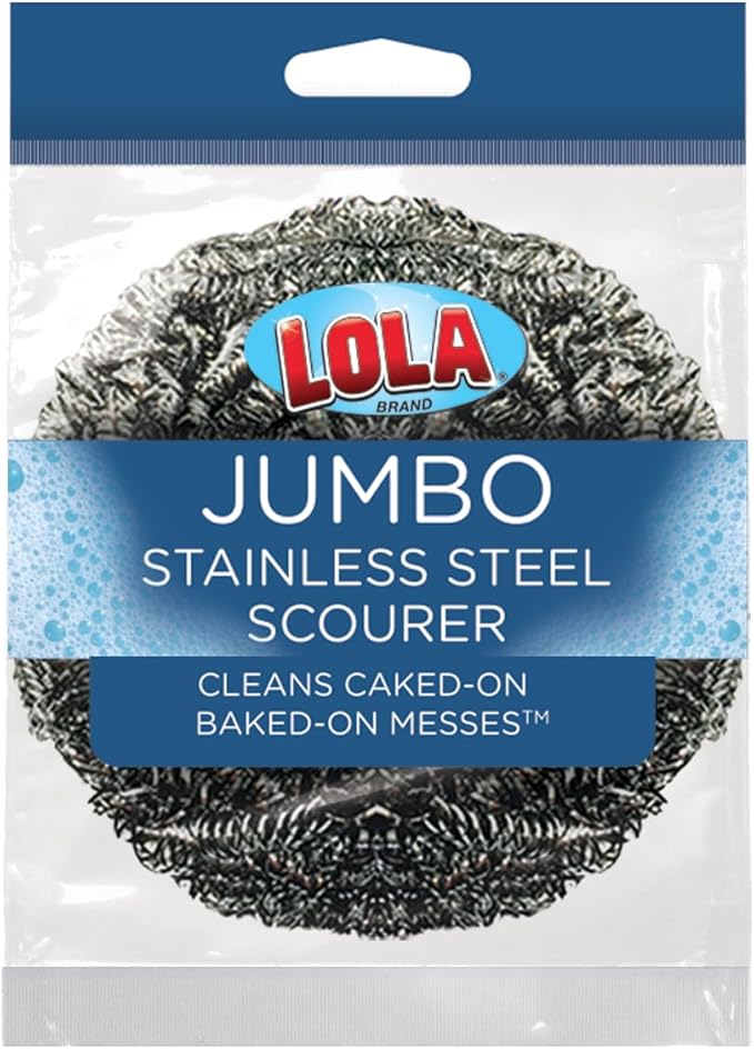 Stainless Steel Wool Scourer -Jumbo Sized- 35 Grams, by LOLA, Curled Flat Wire, Cleans Caked On & Baked On Messes on Cookware, 1 Pack