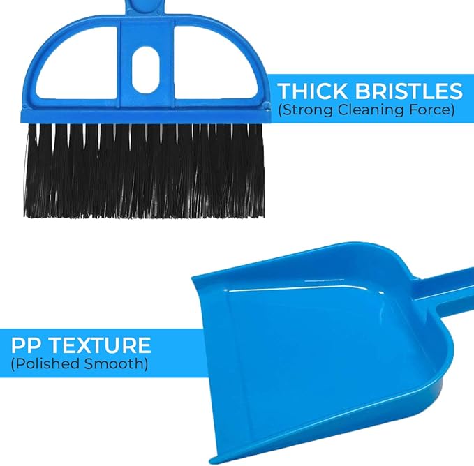 Mini Broom and Dustpan Set - Compact Cleaning Kit for Home, Car, Camping, Small Spaces, Pet Cleanup, and Travel - Durable Small Broom and Dustpan Set Mini - Blue Broom