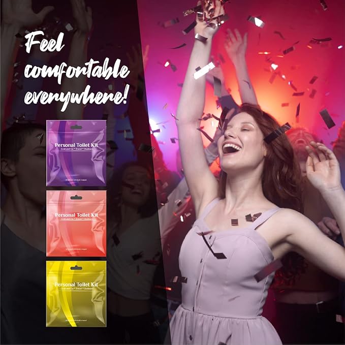 pH Advantage 3 x Personal Toilet Kit | Public Restroom Kit | Toilet Paper, Toilet Seat Cover, Butt Wipes, Cleansing Wipes (Gold/Red/Purple)