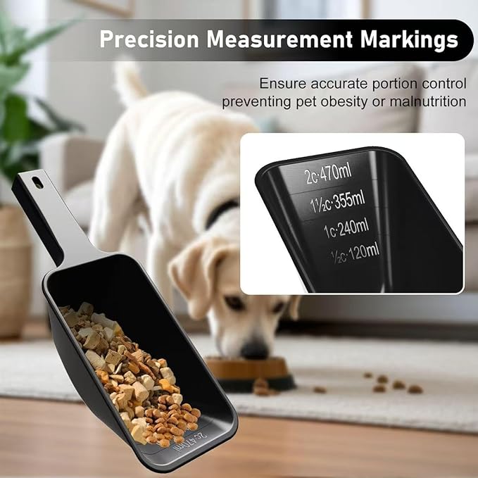 Food Scoop 2 PACK,2 Cup Capacity Dog Food Scooper With Measuring Lines For Dog, Puppy and Cat Coffee Bean Scoop, Flour Scoop (Large Black)