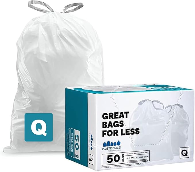 Plasticplace Custom Fit Trash Bags, Compatible with Simplehuman Code Q (50 Count), 13-17 Gallon Drawstring Garbage Liners, Heavy Duty Tear-Resistant