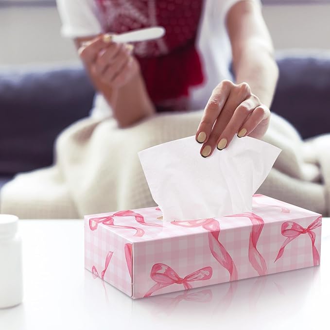 Yinder 12 Packs Facial Tissue Box 1560 Sheets Soft Facial Tissue Box for Fall Halloween Christmas 2 Ply 130 Sheets Disposable Travel Tissues Bulk for Car Household Kitchen(Pink Bow)