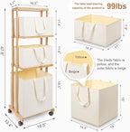 Homde Laundry Basket 3 Tier Bamboo Storage Shelf with Wheels Removable Container with Handle Freestanding Clothes Hamper Organizer for Bathroom Living Room Bedroom (Natural)
