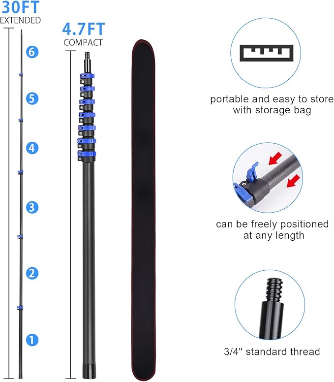 36 Foot High Ceiling Duster Kits with 4.7-30 FT Carbon Fiber Extension Pole, Feather Duster, Cobweb Duster, Ceiling Fan Duster, Window Squeegee & Cleaner with Pole 30 Ft