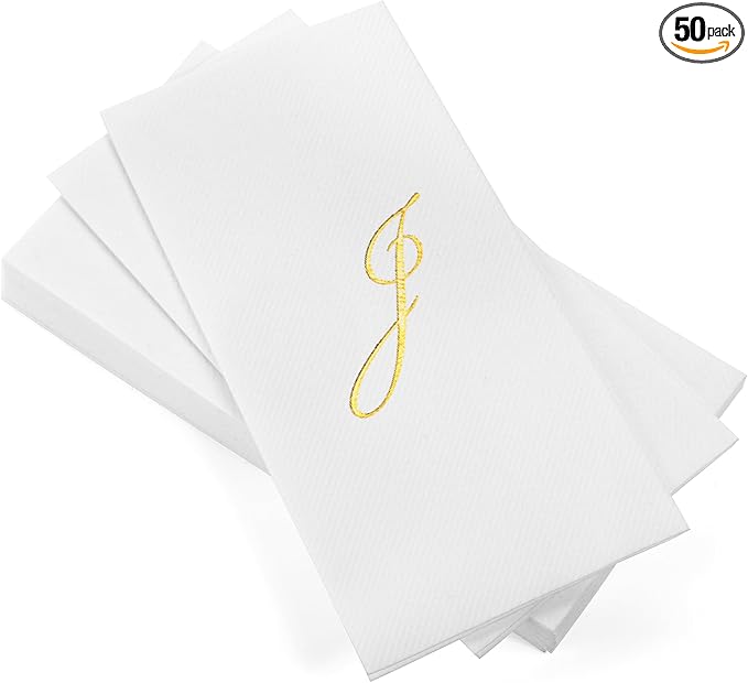 AMERICAN HOMESTEAD Disposable Hand Towels - Gold Foil Monogrammed Guest Napkins - Linen-Like Bathroom Paper Towels for Guests - Perfect Wedding and Party Napkins - 50 Count (Gold J)