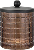 Amber Colored Tranlucent Apothecary Etched Geometric Grid Glass Jar W/Matte Black Metal Lid for Bathroom Organization, Cotton Balls, Q Tips, and Small Accessories, Bathroom Storage