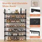 LANTEFUL 6 Tier Shoe Rack for Closet Shoe Organizer with 5 Hooks, Long Shoe Shelf Storage for Shoe and Boot Stackable Free Standing Shoe Rack for Entryway, Garage, Small Spaces, Dorm, Black