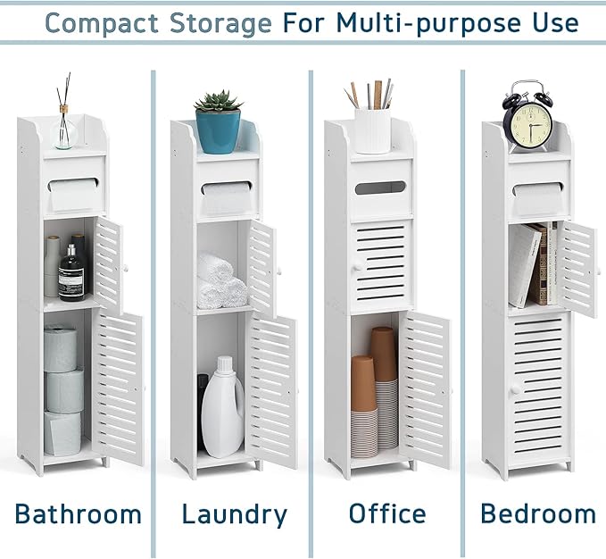 StorageBud Bathroom Storage Organizer - Floor Standing with Shelves - Includes 2 Apothecary Jars - Tall Bathroom Storage Cabinet for Toilet Paper, Towel & Other Bathroom Storage Accessories - White